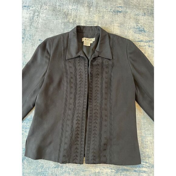Vintage Blue Ice Black Faux Micro Suede Embroidered Open Front Blazer Size 8 - Picture 6 of 12